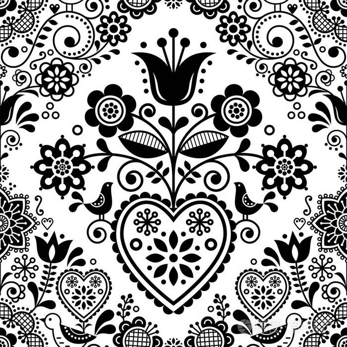 民间艺术矢量图案与鸟类和花卉斯堪的纳维亚或北欧黑白重复花卉设计