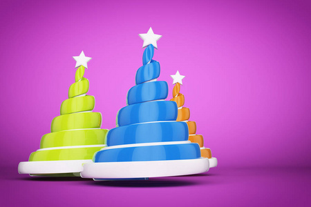 抽象节日螺旋圣诞树用丝带与明星制成。3d 渲染例证在紫罗兰色背景