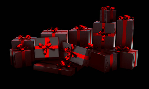 一个分散的收集各种大小的礼品盒包裹着一张闪亮的红色纸和丝带，并在一个孤立的黑暗工作室背景3D渲染上鞠躬。