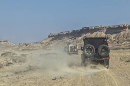 4x4汽车在沙路在纳米贝沙漠的峡谷。 非洲。 安哥拉。