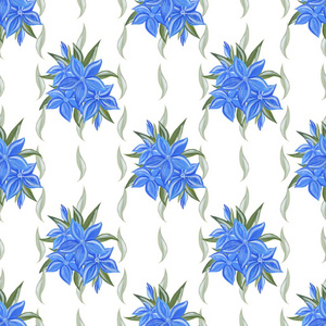 花卉图案，如诗如画的风格。 美丽的无缝图案与蓝色的花朵和草药。 可用作壁纸背景模板印花等。