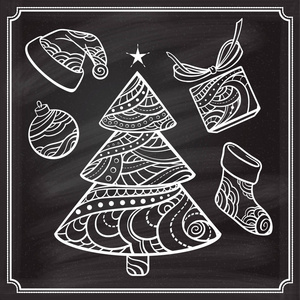 drowing圣诞涂鸦设置在粉笔背景上. 赞多勒风格.照片