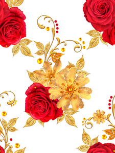 无缝图案。 装饰装饰品，佩斯利元素，精致的纹理叶子，由精细的花边和珍珠制成。 宝石闪闪发亮的卷发，红玫瑰，时尚的黄花。 开放式编