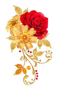 装饰装饰品，佩斯利元素，精致的纹理叶子，由精细的花边和珍珠制成。 宝石闪闪发亮的卷发，红玫瑰，时尚的黄花。 开放式编织细腻。