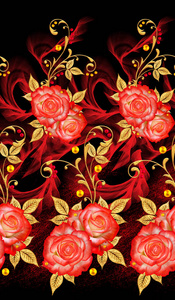 无缝图案。 装饰装饰品，佩斯利元素，精致的纹理叶子，由精细的花边和珍珠制成。 宝石闪闪发亮的卷发，红玫瑰，时尚的黄花。 开放式编