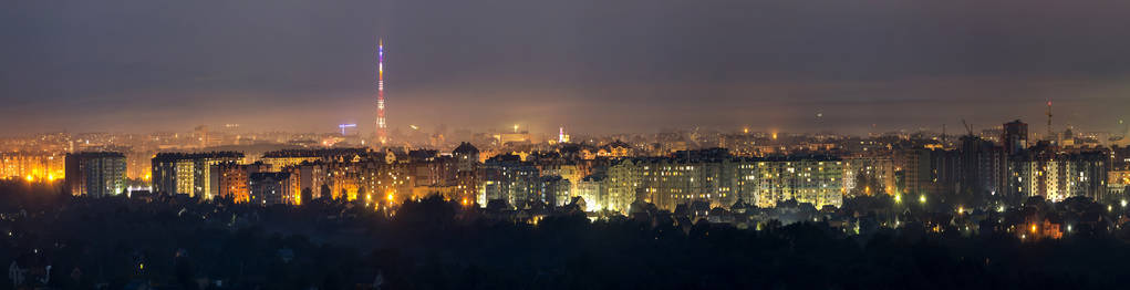 宽全景空中夜景现代游客伊万诺弗兰基夫斯克市乌克兰。 高楼大厦高电视塔和绿色郊区的明亮灯光场景。