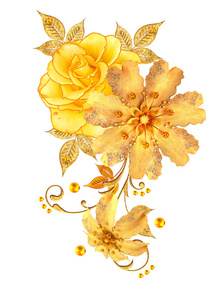 金色纹理卷发。 灿烂的花边风格的花黄色玫瑰。 编织精致的金色背景