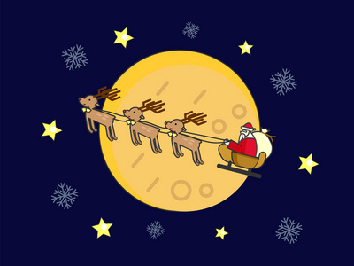 圣诞老人和驯鹿骑着雪橇在圣诞节的雪和繁星的夜晚。