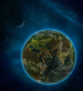 卡塔尔从地球上的太空晚上被月球和银河包围。 有城市灯光和云层的详细星球。 三维插图。 这幅图像的元素由美国宇航局提供。