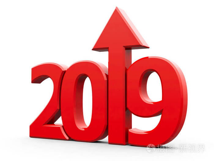 红色2019与箭头隔离在白色背景代表增长在新的一年2019三维渲染三维