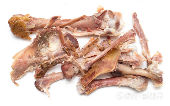 在白色背景下进食后的鸡骨