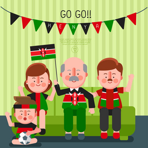 带国旗的快乐家庭欢呼运动肯尼亚矢量插图