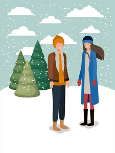 夫妇在雪景与冬季衣服