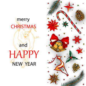 圣诞节和新年卡片与猪和五颜六色的装饰品