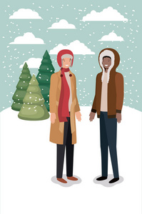 一对夫妇的人在雪景与冬天的衣服