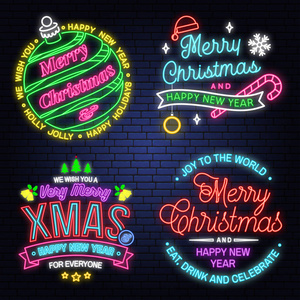 设置圣诞快乐和新年快乐霓虹灯签署挂着圣诞铃铛, 雪花, 挂圣诞舞会, 圣诞老人帽子, 糖果。向量