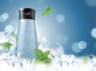 s body wash with frozen ice cubes and mint leaves in 3d illustra