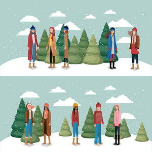 妇女小组在雪景与冬天衣服