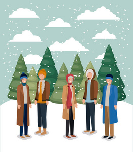 一群人在雪景与冬天衣服