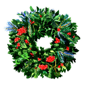 传统的冬天新年和圣诞花环与红色冬青浆果, 常绿绿色的分支, 孤立的, 水彩插图