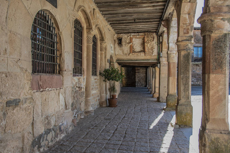 古老的中世纪画廊围绕着米迪纳西利市的主要广场。 索里亚卡斯蒂利亚西班牙里昂