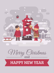两个可爱的孩子寄了一封信给圣诞老人圣诞贺卡平面插图。 圣诞快乐，新年快乐