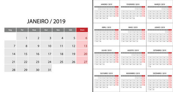 日历2019周从星期一开始葡萄牙语。 规划师设计模板