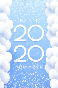 蓝色快乐新年2020海报与白色气球和五彩纸屑