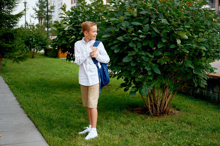 年轻的小学生背着背包.愉快的孩子站立在户外照片
