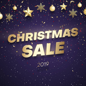 紫色圣诞2019销售宣传海报与金色节日装饰和纸屑。 矢量背景。