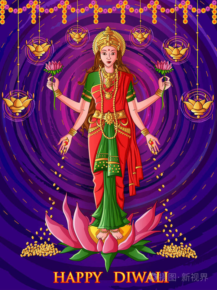 印度艺术风格的印度快乐迪瓦里祈祷节的拉克什米女神插画-正版商用