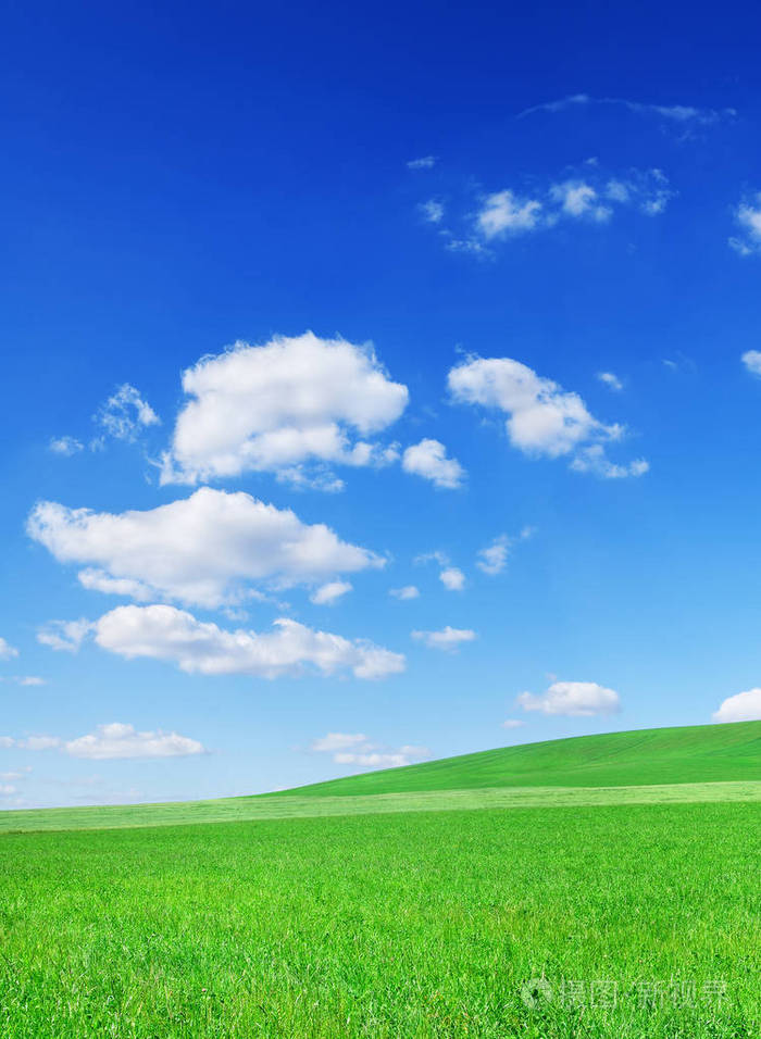 田园诗般的春景滚滚绿野蓝天白云背景