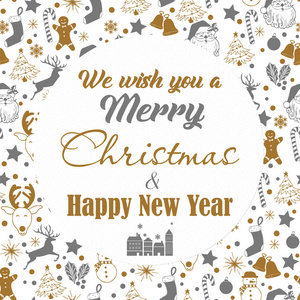 圣诞无缝灰色和金色图案白色背景与鹿雪人糖果袜子明星雪花与文字，我们祝您圣诞快乐，新年快乐。