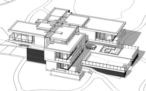 现代别墅草图河边现代舒适房屋的三维渲染草图,车库出售或出租.