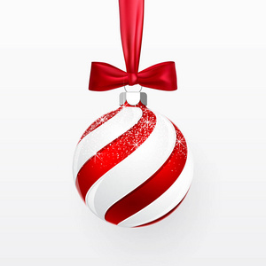 带红色蝴蝶结的红色圣诞球。透明背景下的圣诞玻璃球。假日装修模板..矢量图。