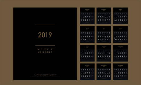 高级日历极简规划师2019年金色。简单的最小墙型或桌面日历黄金模板。周从星期天开始。矢量插图