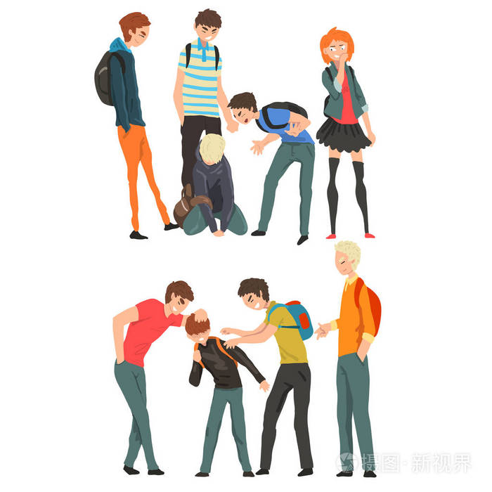 青少年之间的冲突, 嘲笑和欺凌在学校向量例证在白色背景插画-正版