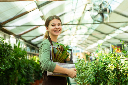 20岁的花匠穿着围裙站在温室里，手里拿着植物