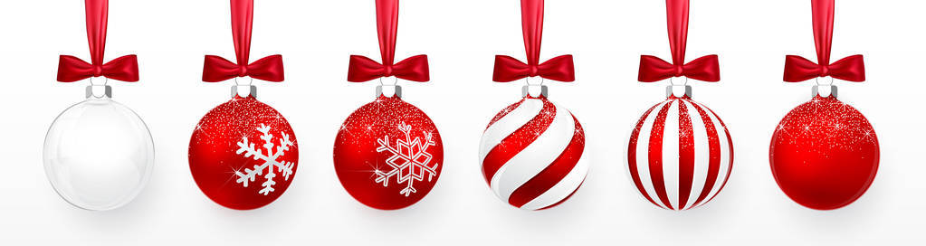 透明和红色圣诞球与雪效果和红色蝴蝶结集。白色背景上的圣诞玻璃球。假日装修模板..矢量图。