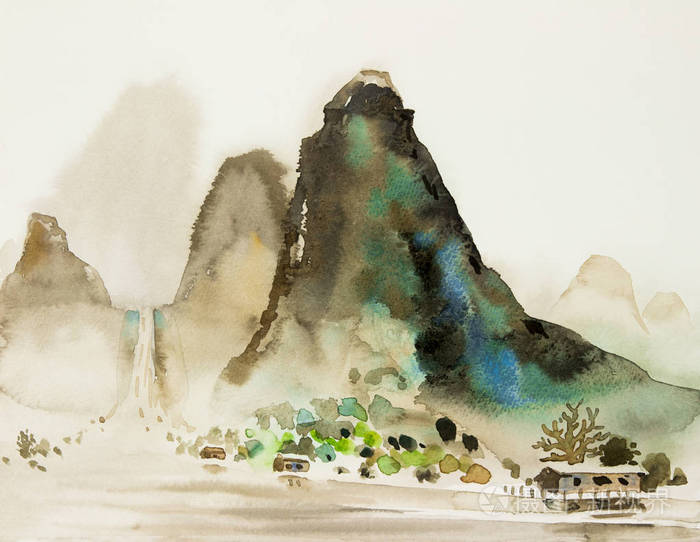 抽象水彩画山水画纸上缤纷的村景河畔 山在美丽的夏日时节 野外生活 晨间背景 彩绘印象派 插画形象 照片 正版商用图片14e2dk 摄图新视界