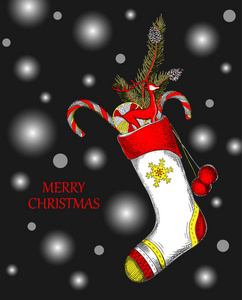黑色快乐圣诞背景与五颜六色的袜子