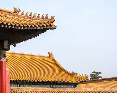 北京紫禁城屋顶和雕刻的详细信息