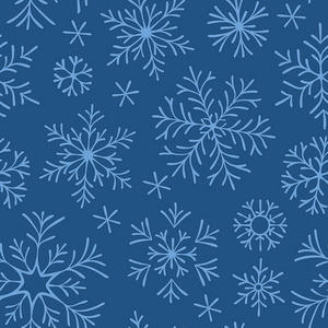手绘涂鸦无缝图案。 蓝色雪花在黑暗的背景上。 用于织物纺织包装纸卡片邀请壁纸网页设计。