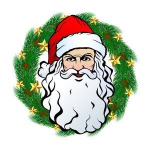 s cartoon head on the Christmas spruce wreath decorated with gol