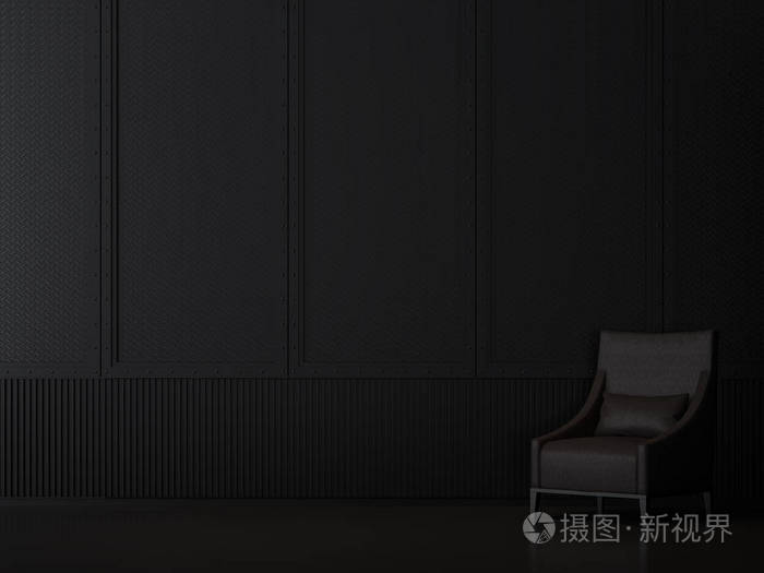 黑色金属客房内部与工业风格3D渲染，有黑色地板装饰墙与图案装饰黑色皮革躺椅。