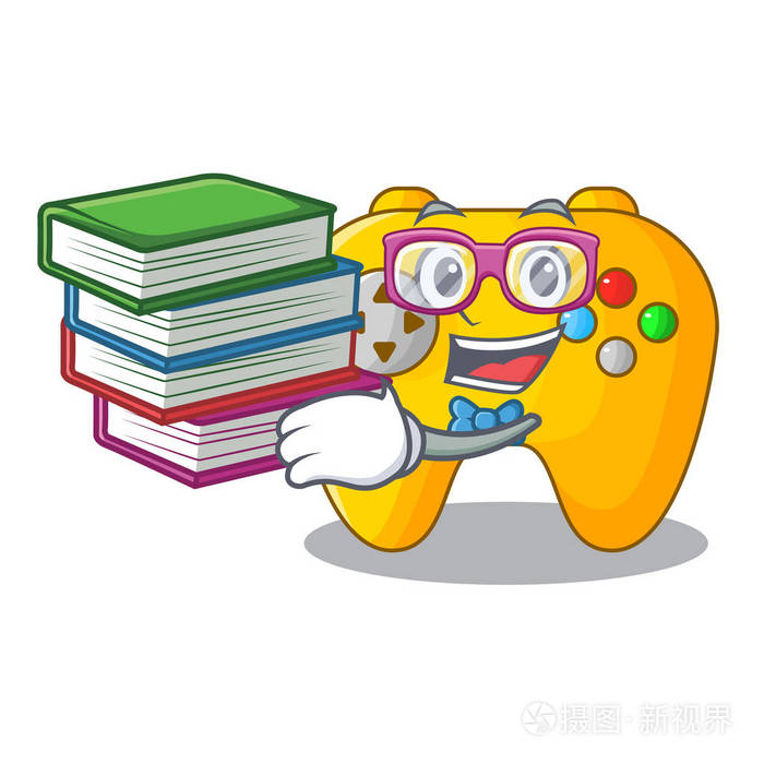 学生与书籍复古电脑游戏控制吉祥物矢量插图