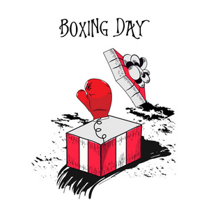 拳击日海报或传单设计与惊喜礼品盒和拳击手套在白色背景。