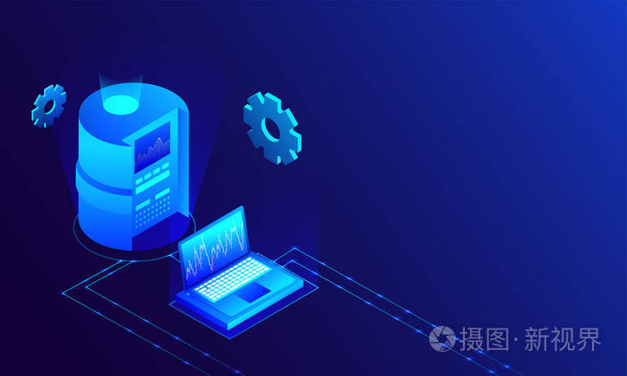在光滑的蓝色背景上与笔记本电脑连接的数据库等距图,用于数据中心
