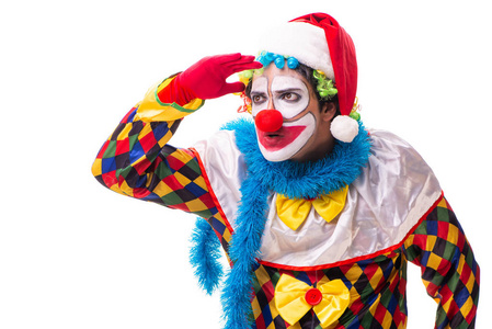 年轻的滑稽的小丑喜剧演员查出在白色照片