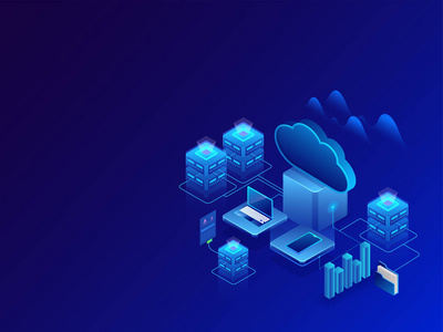 到笔记本电脑和智能手机在闪亮的蓝色背景下的数据管理概念的等距设计